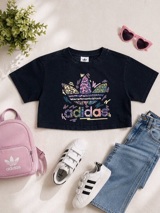 adidas Tops - Adidas Cropped Graphic Tee Black Trefoil Logo Y2K Streetwear S